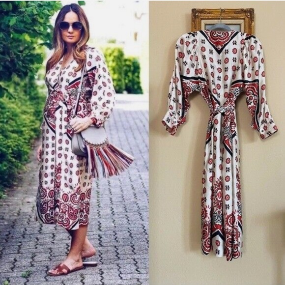 Zara Satin Elegant Red and White Patterned Dress - Picture 4 of 7